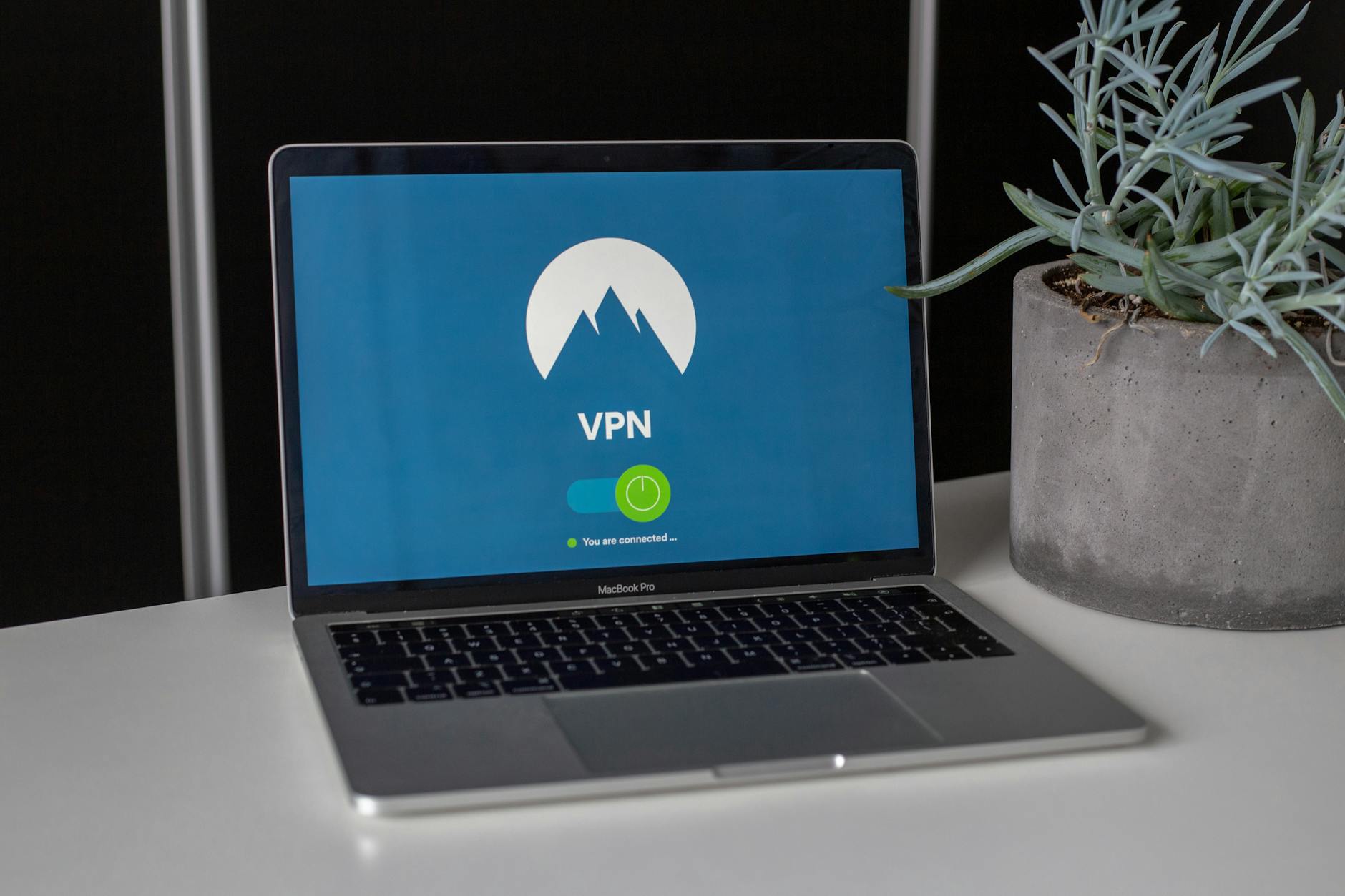 Laptop z włączonym VPN na biurku obok sukulenta, symbol prywatności online